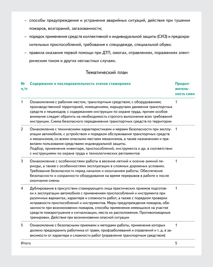 План стажировки водителя автомобиля пожарного