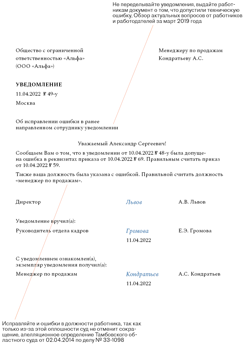 Уведомление об исправлении ошибки в уведомлении об изменении условий  трудового договора – Кадровое дело № 4, Апрель 2022