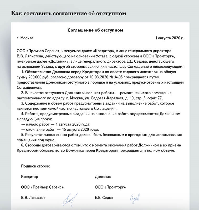 Соглашение об отступном по договору займа путем передачи имущества между физическими лицами образец