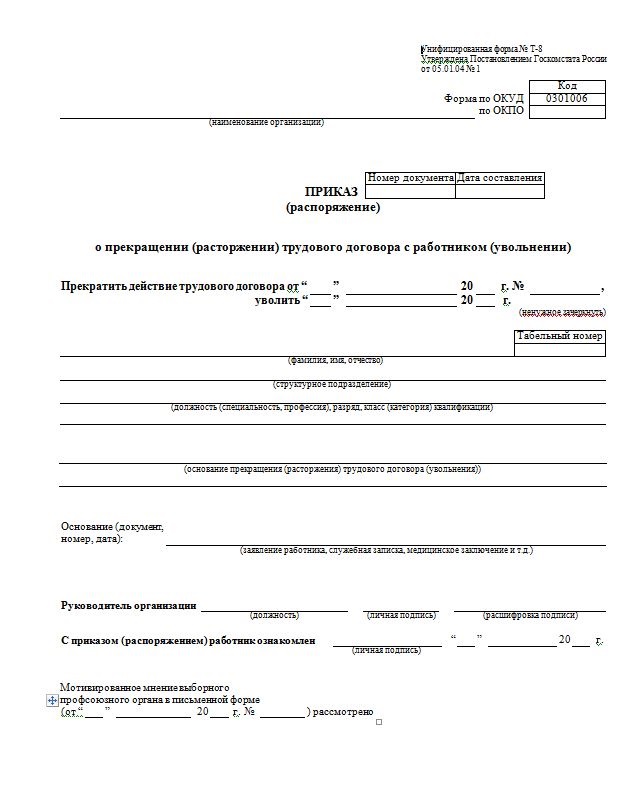 Распоряжение об увольнении по собственному желанию образец