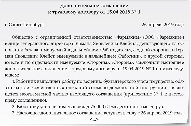 Дополнение к трудовому договору о совмещении должностей образец