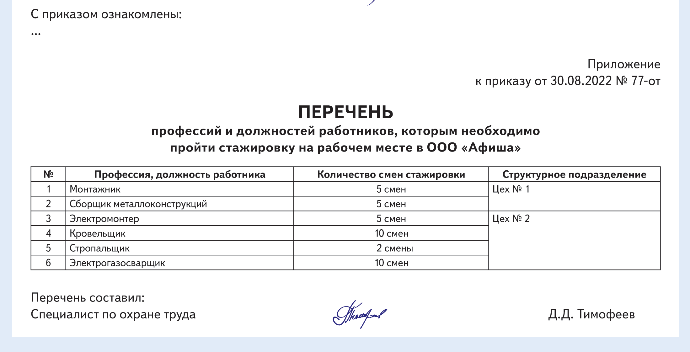 Приказ на стажировку водителя 2022 образец