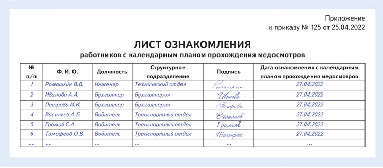 Календарный план медицинских осмотров