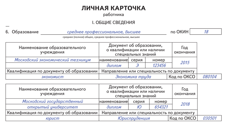 Внесение изменений в карточку т2 при смене паспорта образец