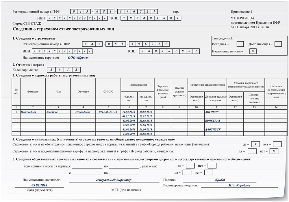 Образец одв 1 и сзв стаж пример заполнения