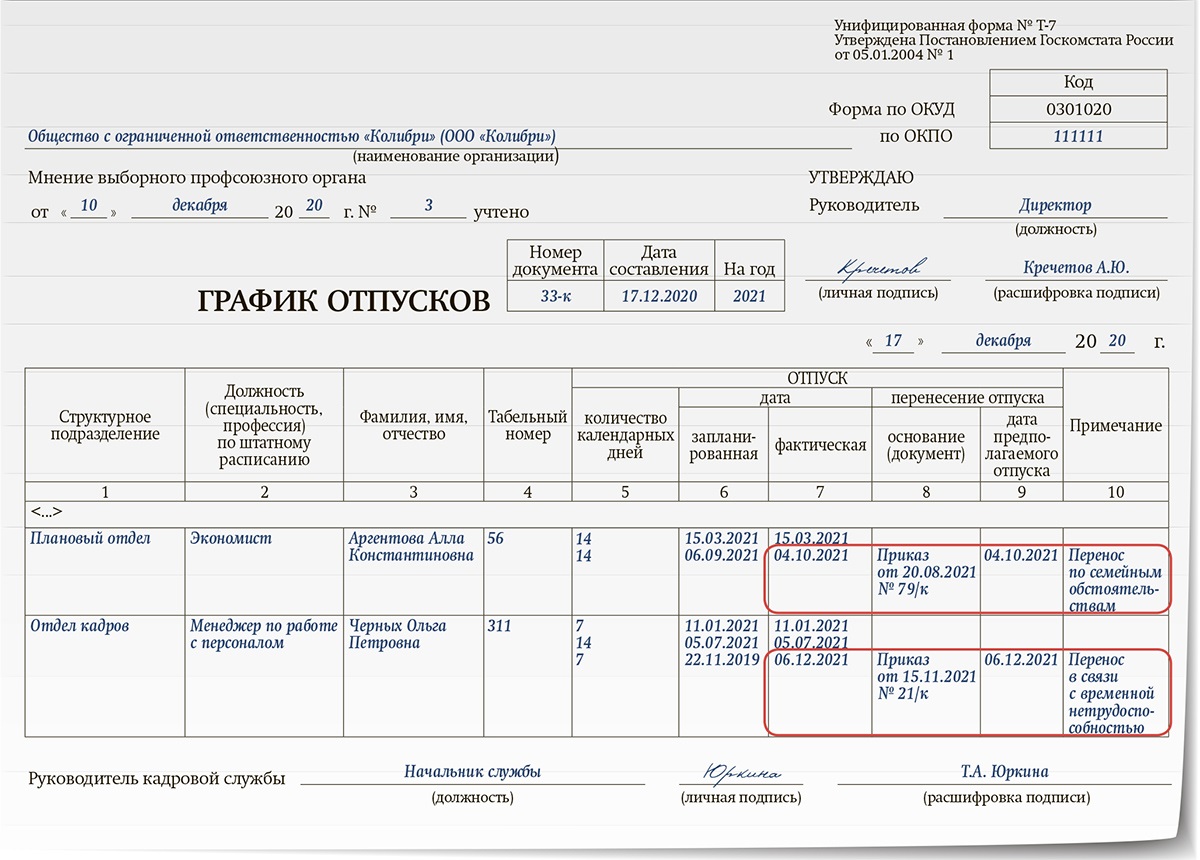 График отпусков образец заполнения