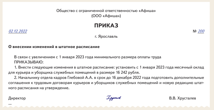 Приказ об установлении минимального размера оплаты труда образец