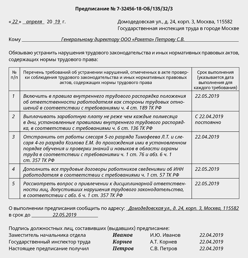 Образец предписания по охране труда об устранении выявленных нарушений