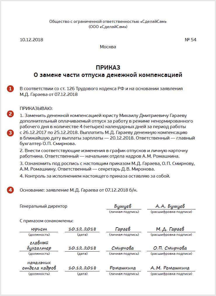 Приказ О Замене Части Отпуска Деньгами – Трудовые Споры № 12.