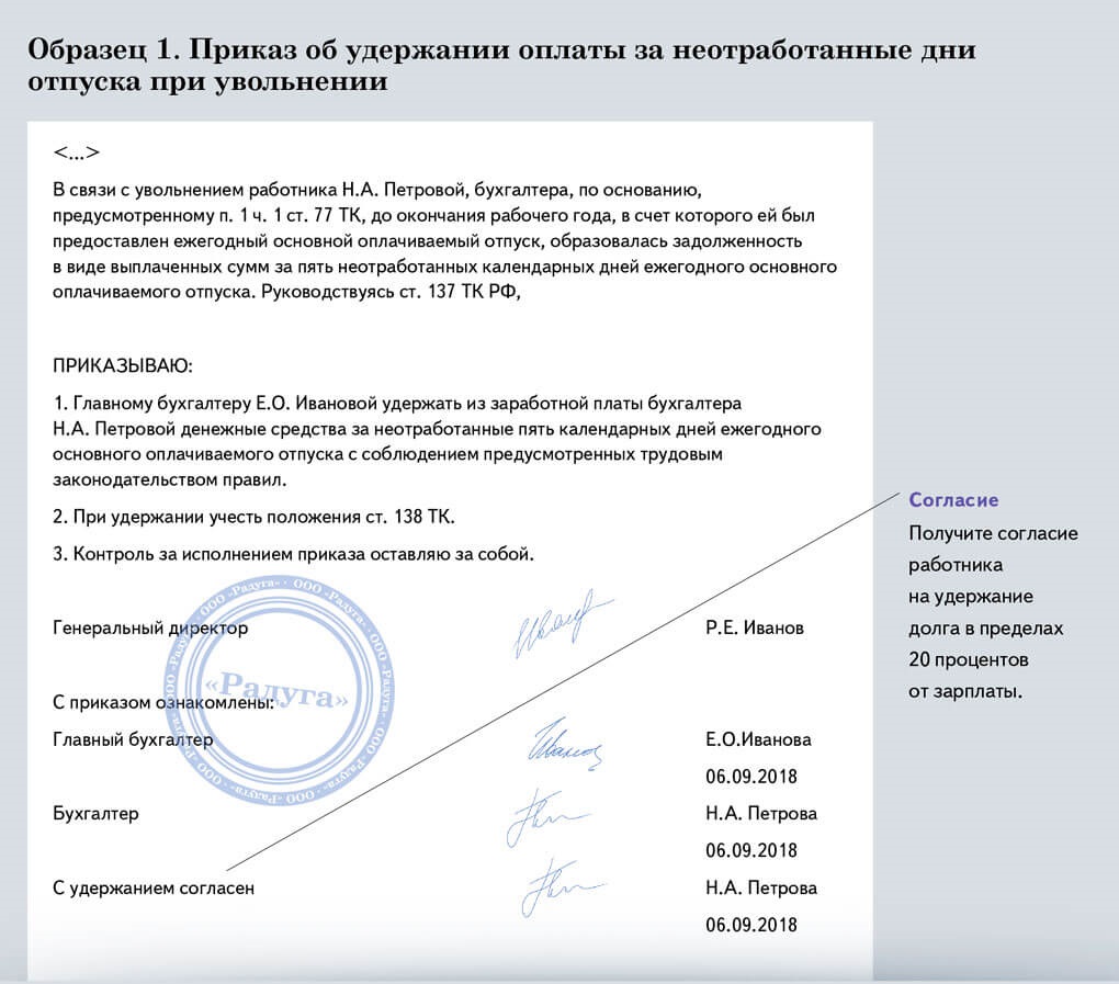 Компенсация сотруднику при увольнении. Приказ об удержании за неотработанные дни отпуска при увольнении. Приказ об удержании отпускных при увольнении. Приказ при увольнении с удержанием за отпуск. Удержание дней отпуска при увольнении.