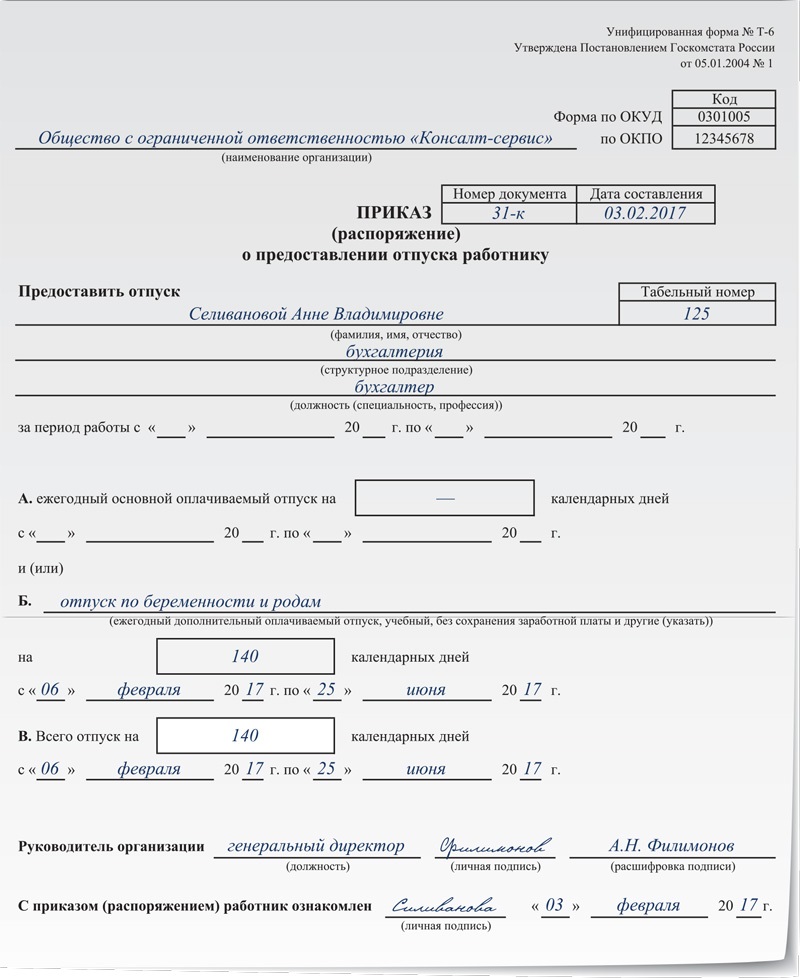 Приказ о предоставлении отпуска работнику форма т 6 образец заполнения