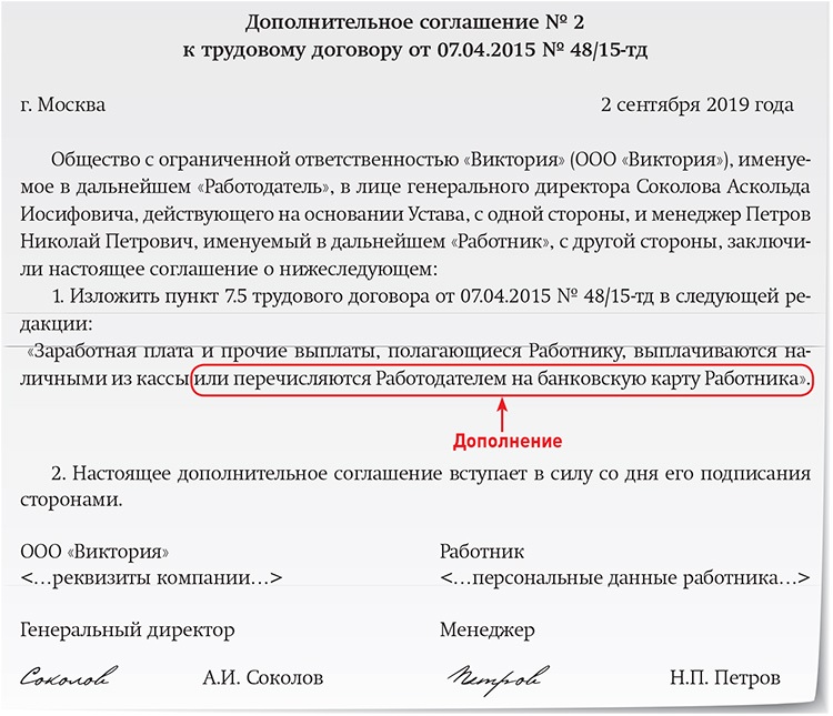 Доп соглашение о перечислении зарплаты на карту третьему лицу образец