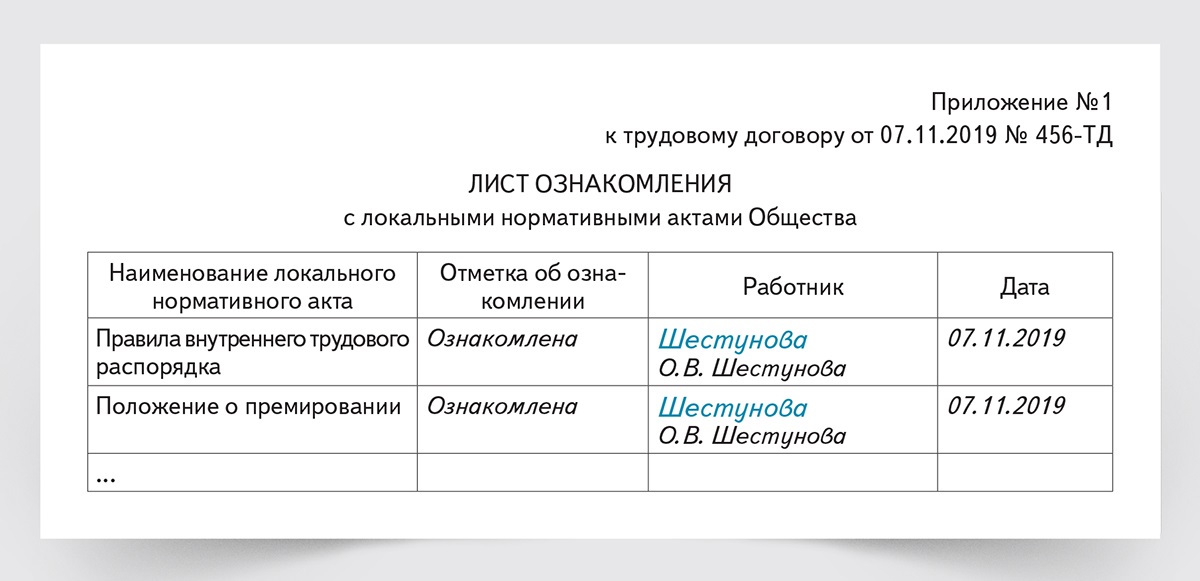 Лист ознакомления работника с локальными нормативными актами образец