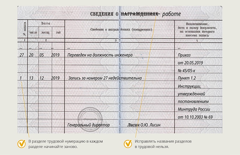 Образец записи в трудовой о признании записи недействительной