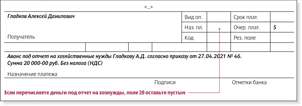 Перечисление подотчетных сумм на карту сотрудника образец платежного поручения