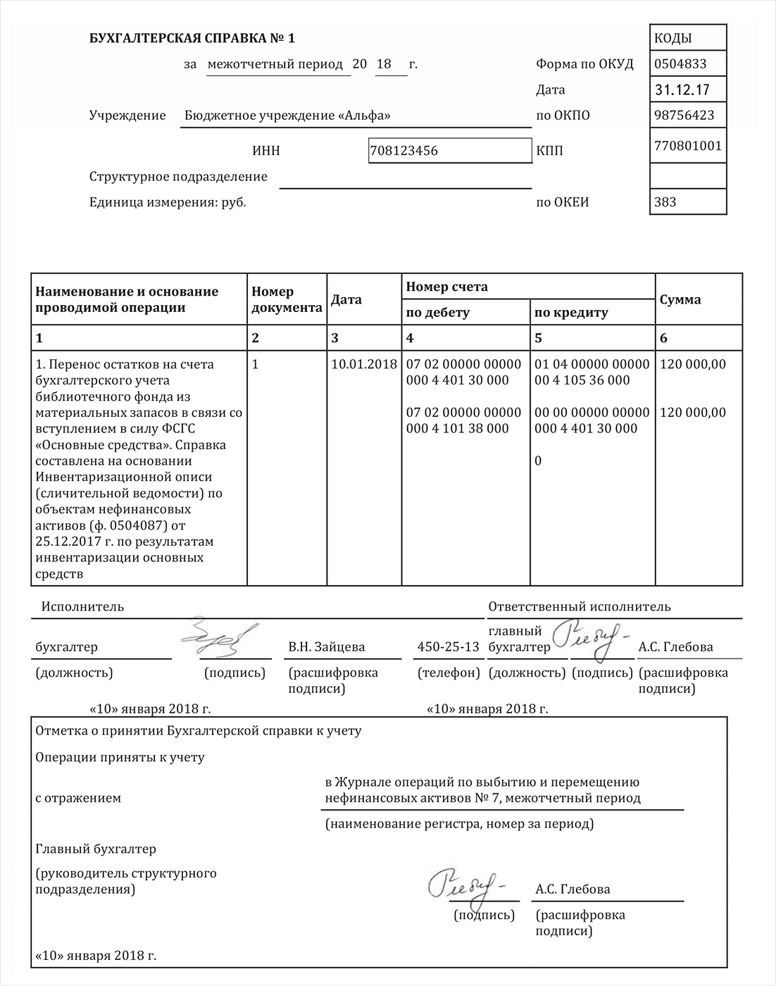 Бухгалтерская справка ф 0504833 бланк образец заполнения