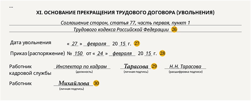 Заполнение личной карточки при увольнении образец