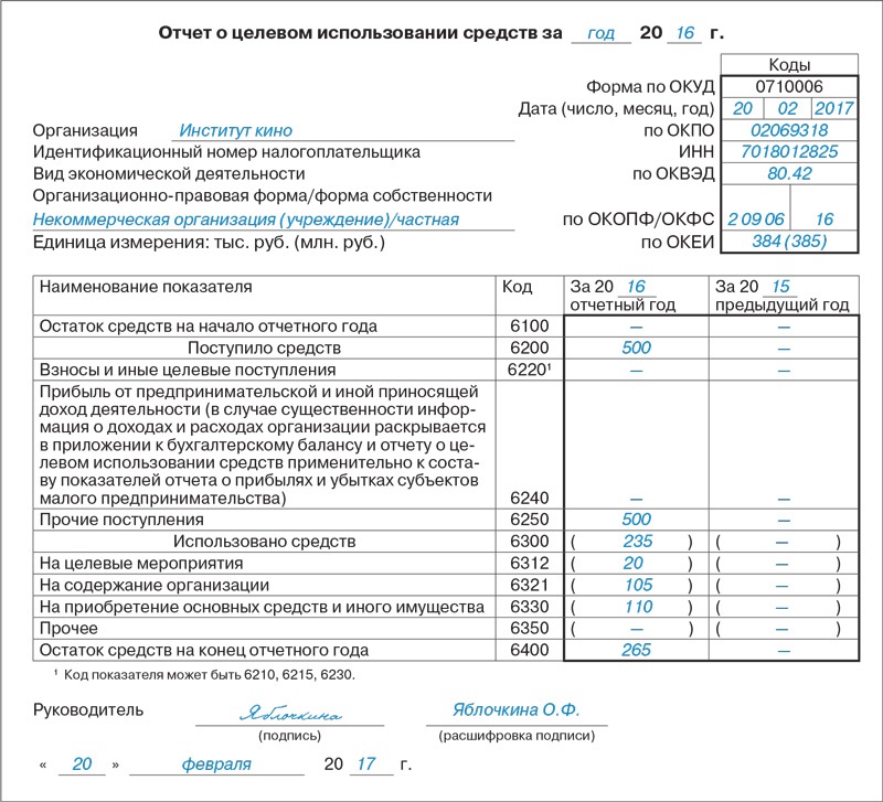 Отчет о целевом использовании денежных средств образец