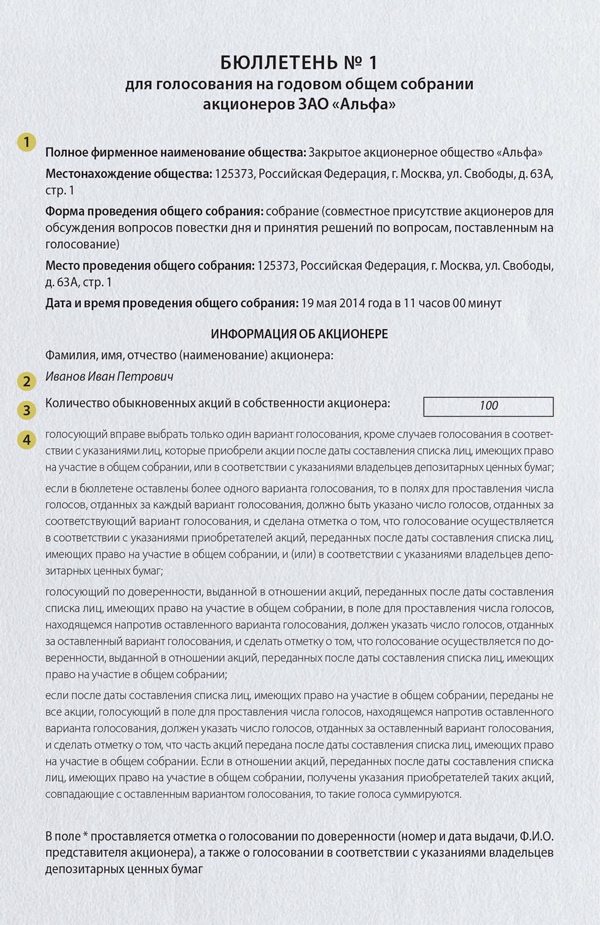 Бюллетень для голосования на общем собрании участников ооо образец