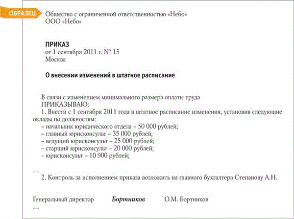 Образец штатного расписания мрот. Приказ о внесении изменения в штатное расписание при изменении МРОТ. Изменение штатного в связи с повышением МРОТ.