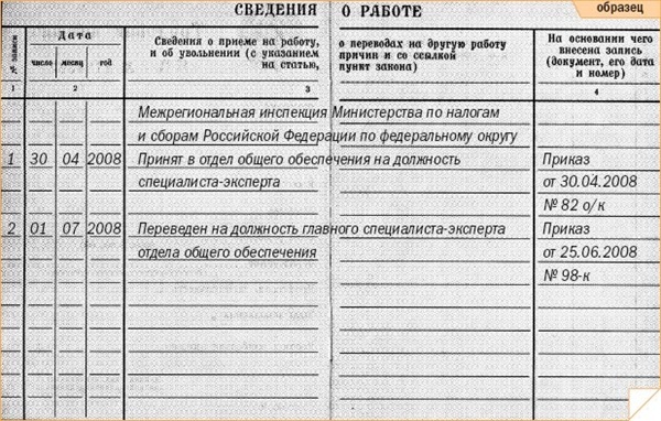 Запись в трудовой книжке о переводе в другое подразделение на ту же должность образец