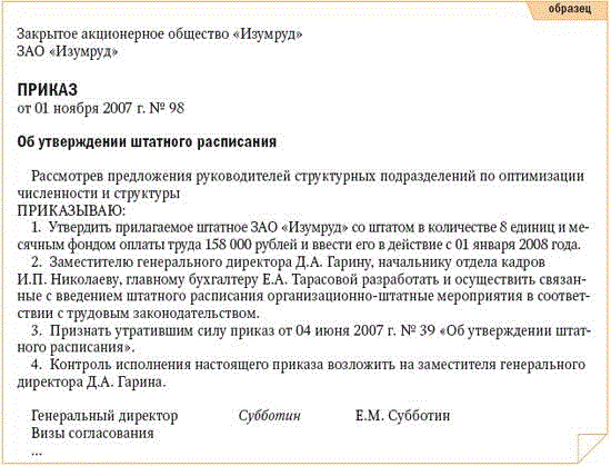 Образец приказа о выводе из штатного расписания должности