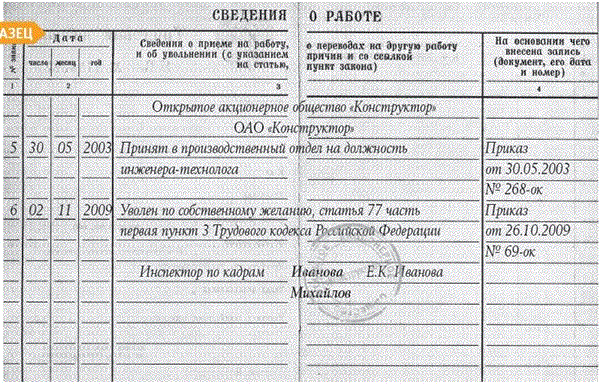 Запись о приеме на работу по срочному трудовому договору в трудовую книжку образец