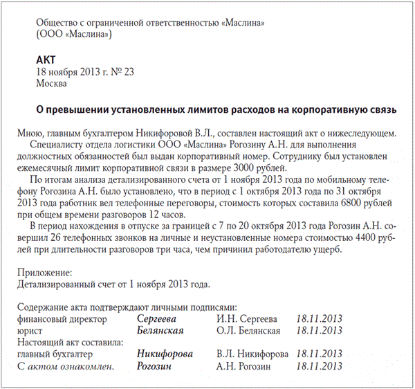 Акт о возмещении расходов образец