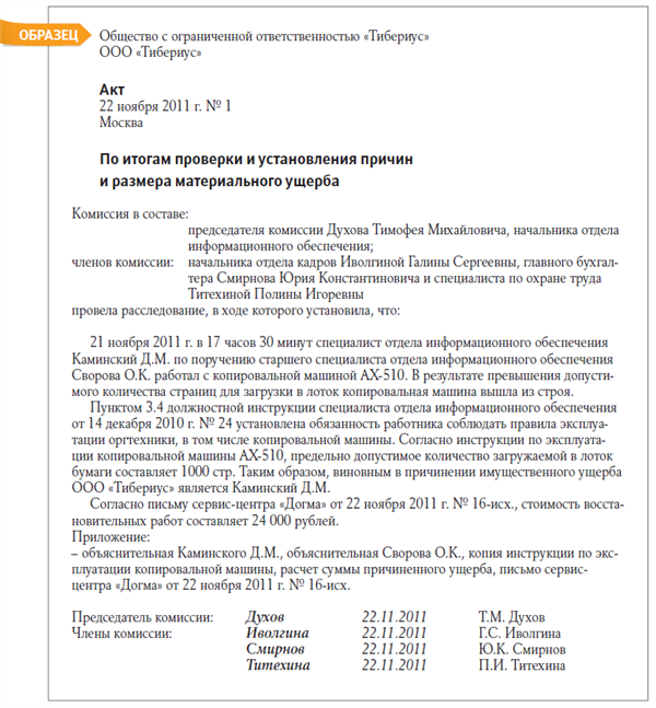 Акт о выявлении материального ущерба образец рб