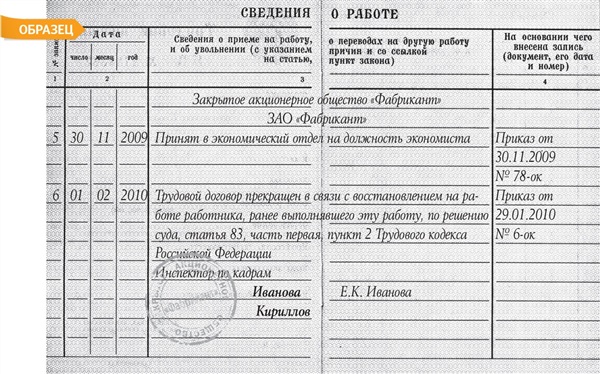 Восстановление на работе по решению суда запись в трудовой книжке образец