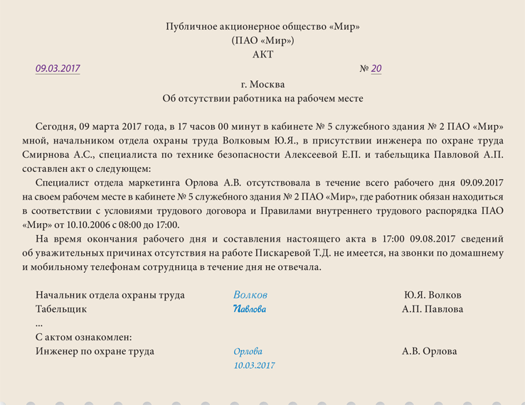 Акт невыхода сотрудника на работу образец