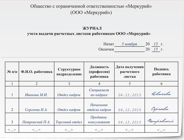 Ведомость выдачи документов под роспись образец