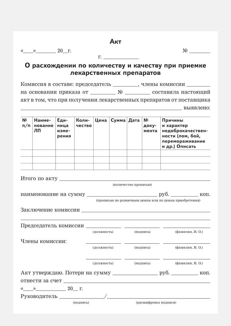 Акт приемки товара по количеству и качеству образец рб