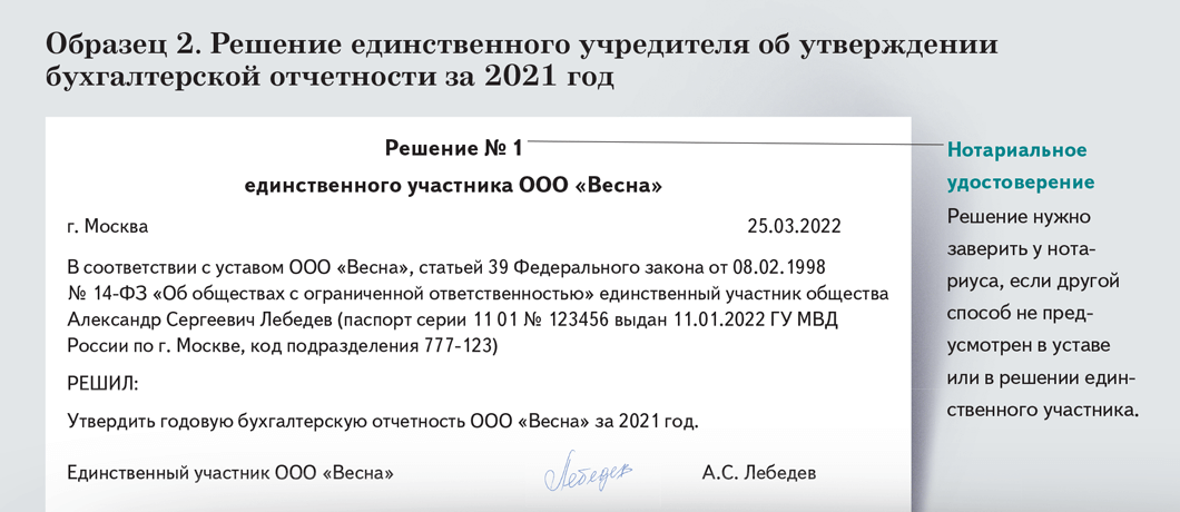 Образец решения об утверждении бухгалтерской отчетности