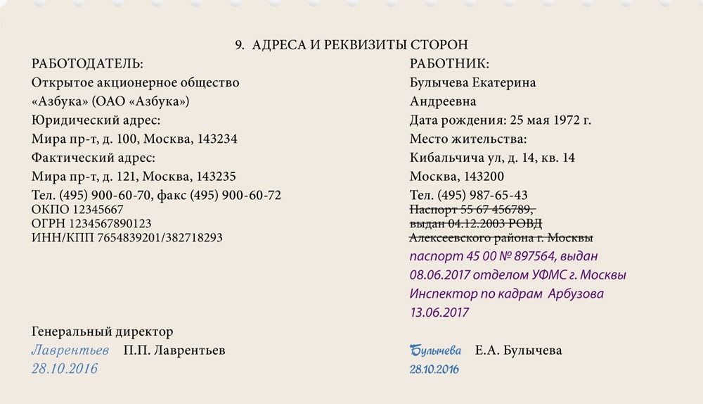 Внесение изменений в карточку т2 при смене паспорта образец