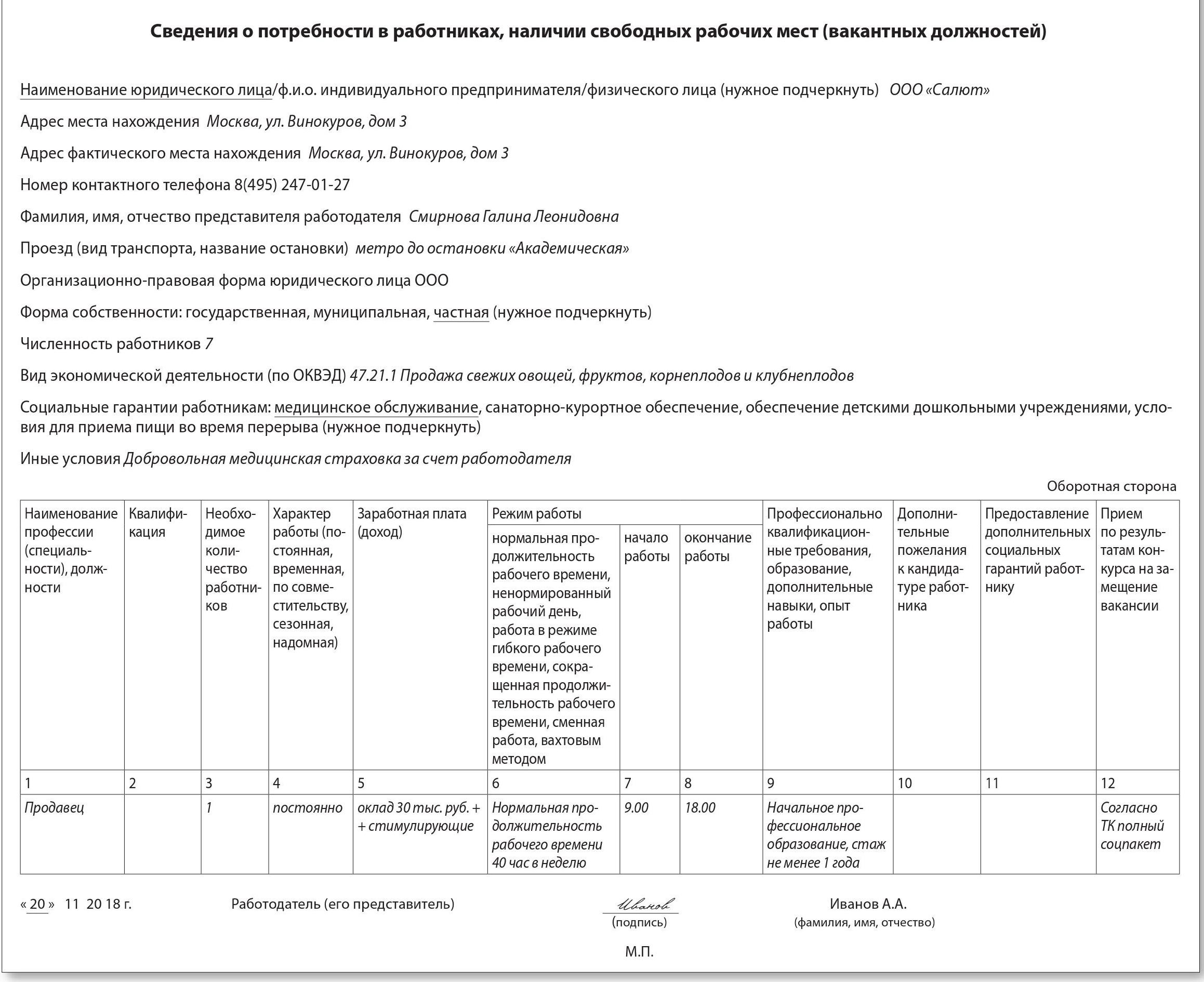 Заявка в центр занятости от работодателя образец