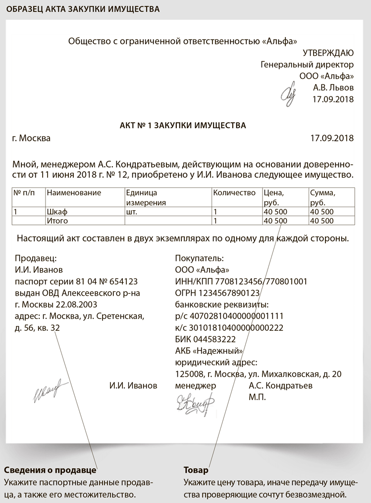 Образец акта закупочного акта