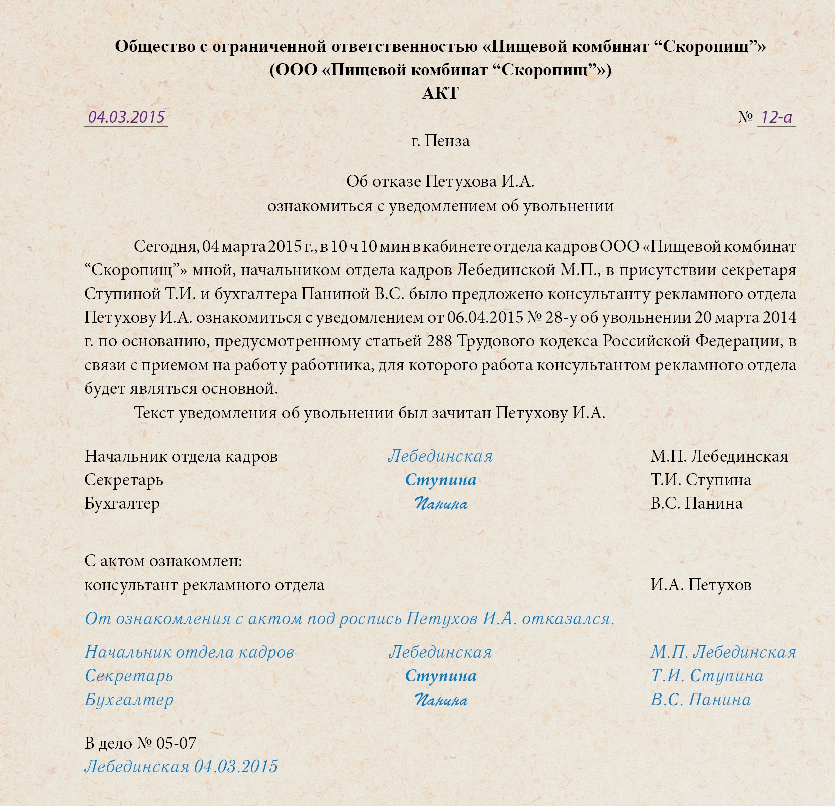 Ознакомлена с приказом. Акт об отказе ознакомления с уведомлением об увольнении. Уведомление сотруднику об ознакомлении с приказом об увольнении.