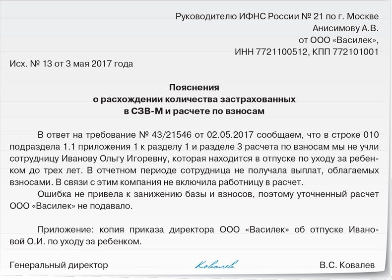 Письмо в пфр о расхождении с рсв и сзв пояснения образец