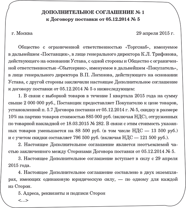 Дополнительное соглашение к договору поставки товара образец