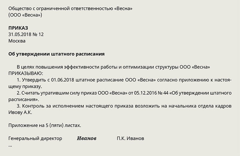 Образец приказ к штатному расписанию образец