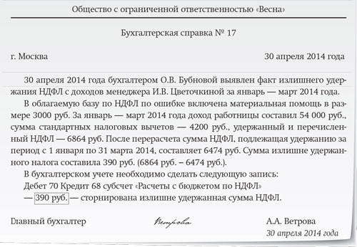 Образец уведомление об излишне удержанном ндфл образец