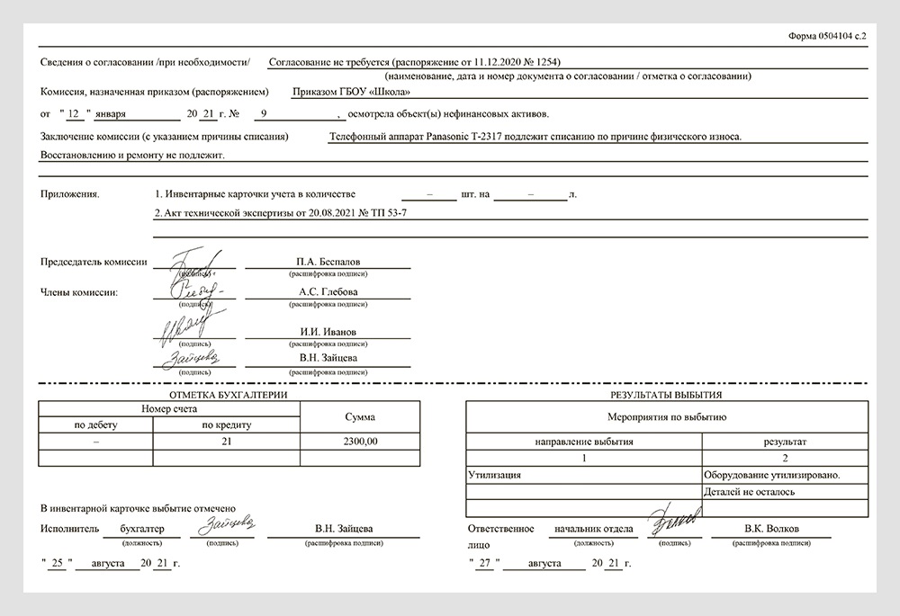 Акт о списании тс 0504105 образец заполнения