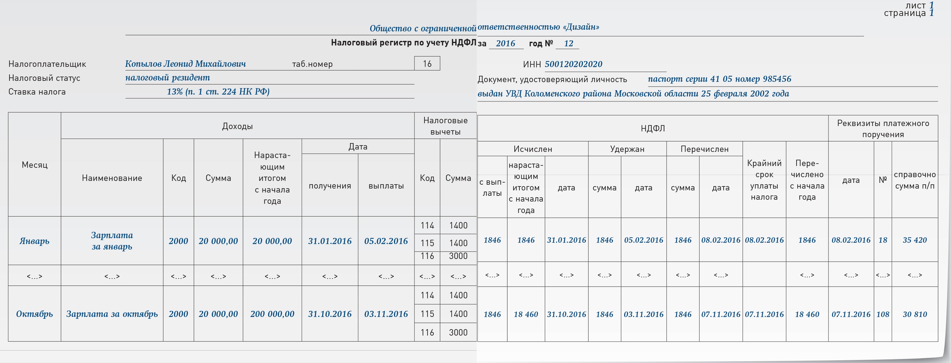 Форма 1 ндфл пример заполнения. Налоговые регистры. Налоговый регистр по НДФЛ. Регистр налогового учета по НДФЛ. Налоговый регистр образец.