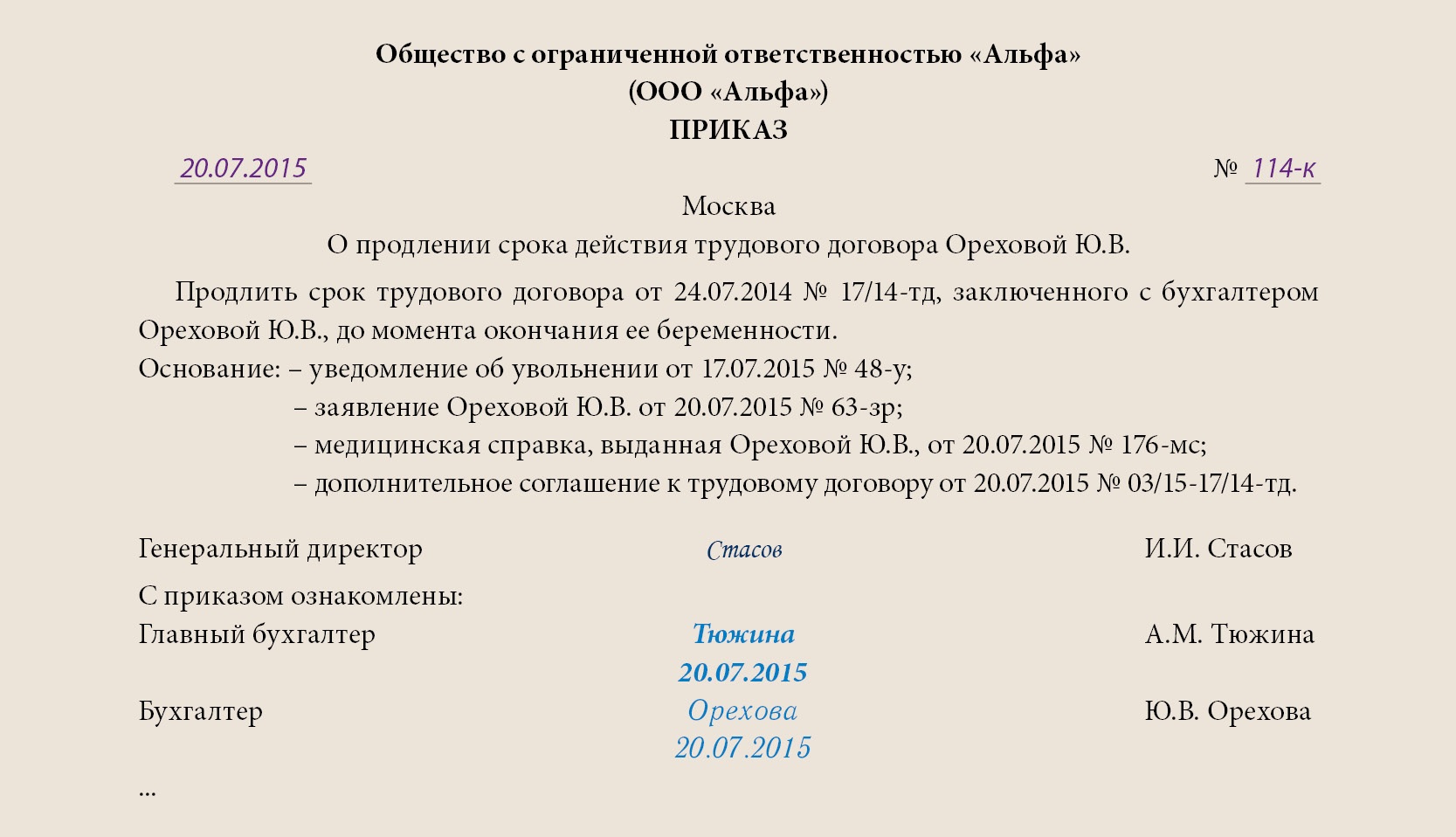 Приказ о продлении срочного трудового договора образец