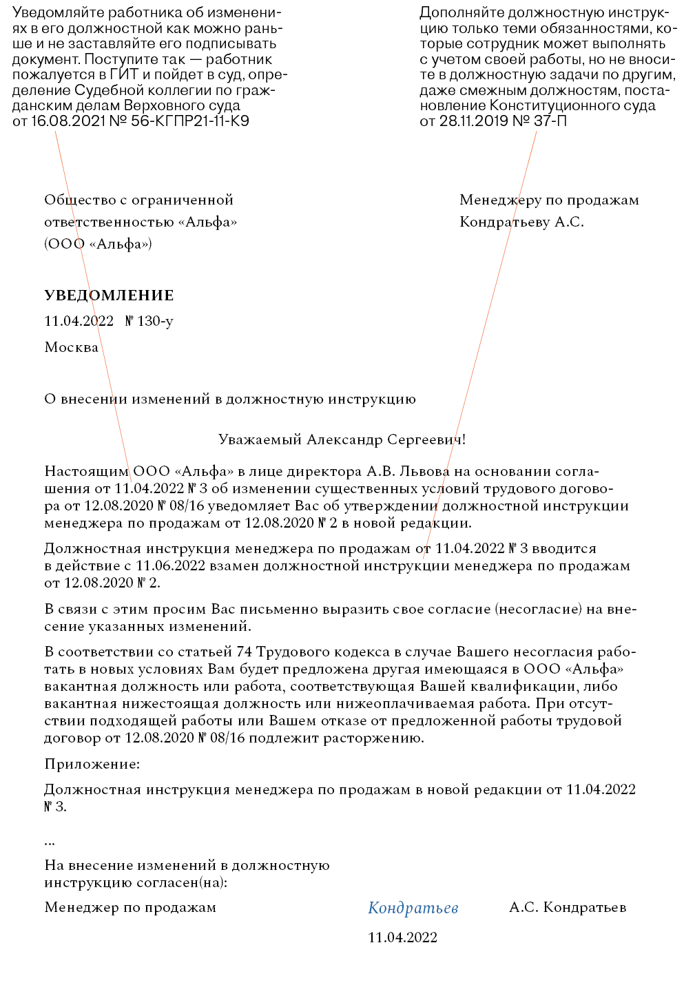 Уведомление об изменении должностной инструкции – Кадровое дело № 4, Апрель  2022