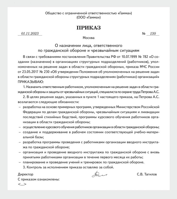 Приказ о назначении уполномоченного на решение задач в области го и чс