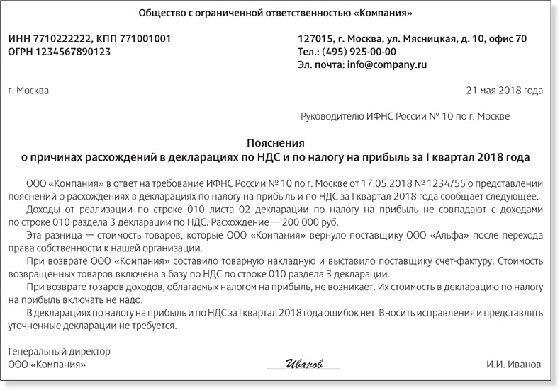 Образец пояснения в налоговую по прибыли и ндс пояснения в налоговую