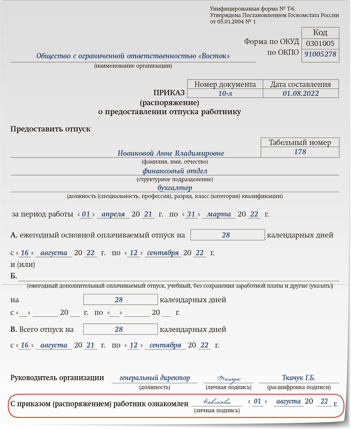 Уведомление сотрудника о начале отпуска образец