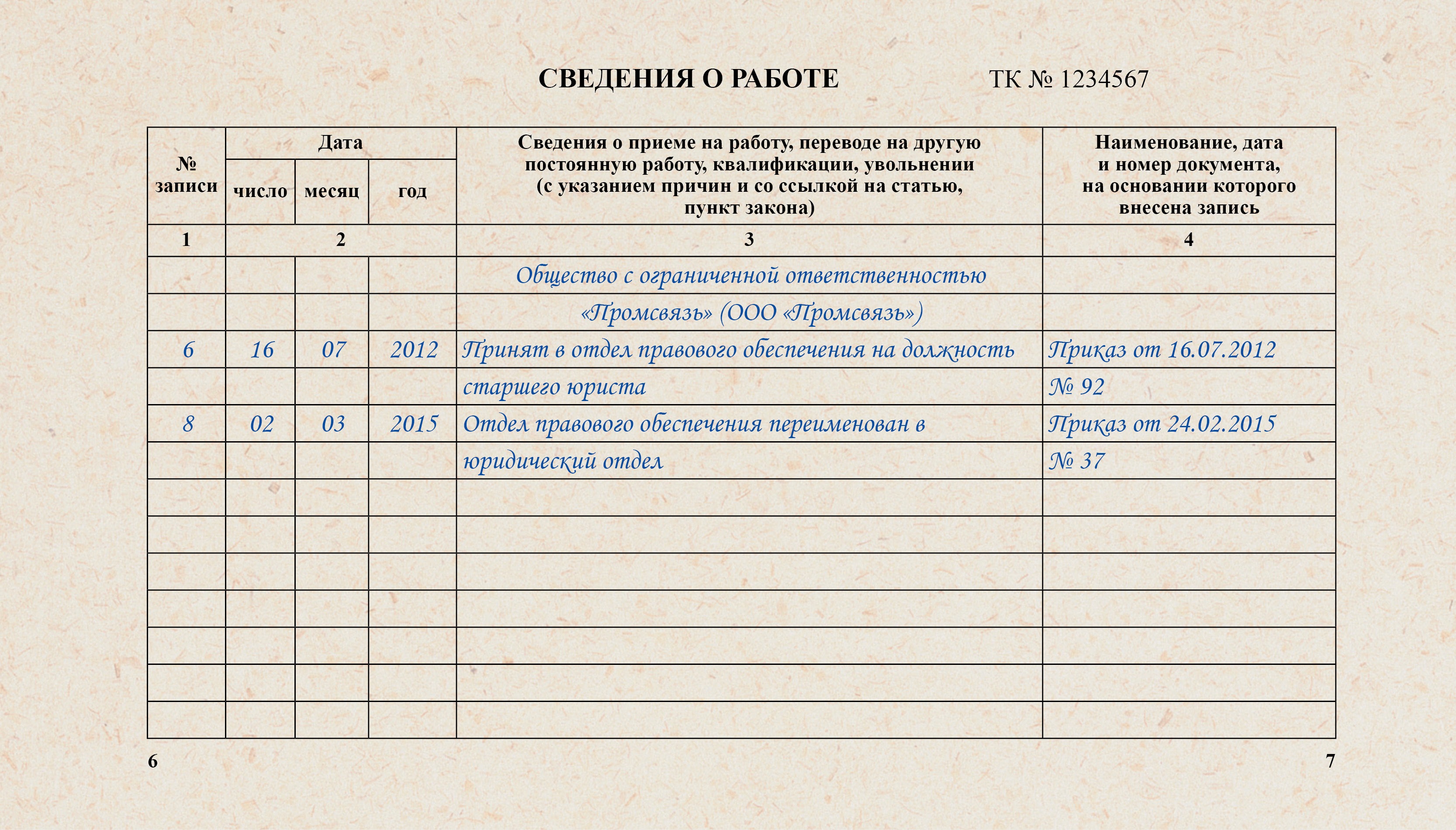 Запись о переименовании отдела в трудовую книжку образец